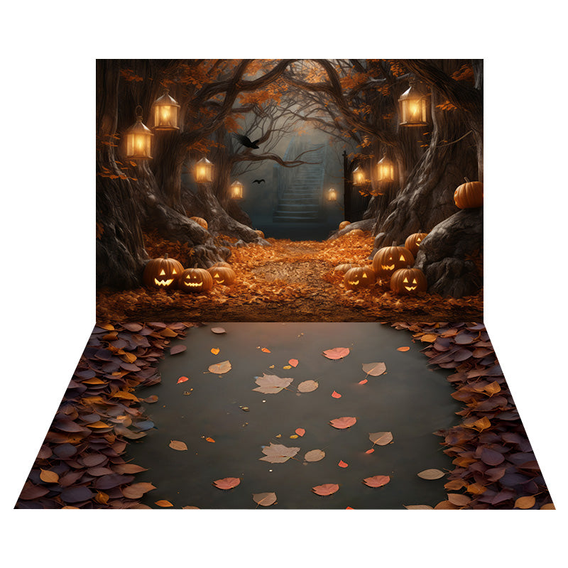 Halloween Pumpkin Lanterns Backdrop+Fallen Leaves Floor Backdrop RR8-542