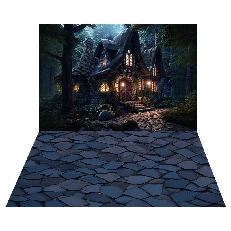 Halloween Witch House Backdrop+Stone Trail Floor Backdrop RR8-543