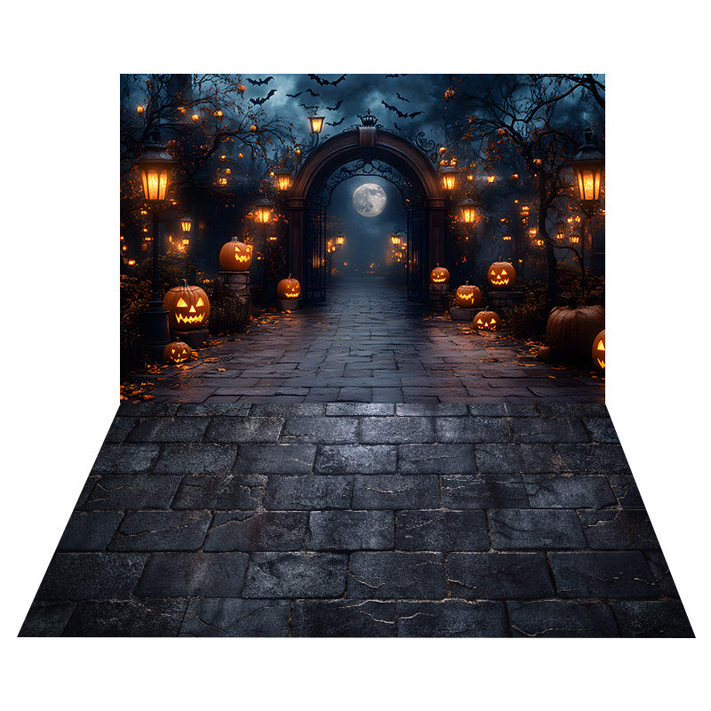 Halloween Glowing Pumpkins Backdrop+Brick Floor Backdrop RR8-544