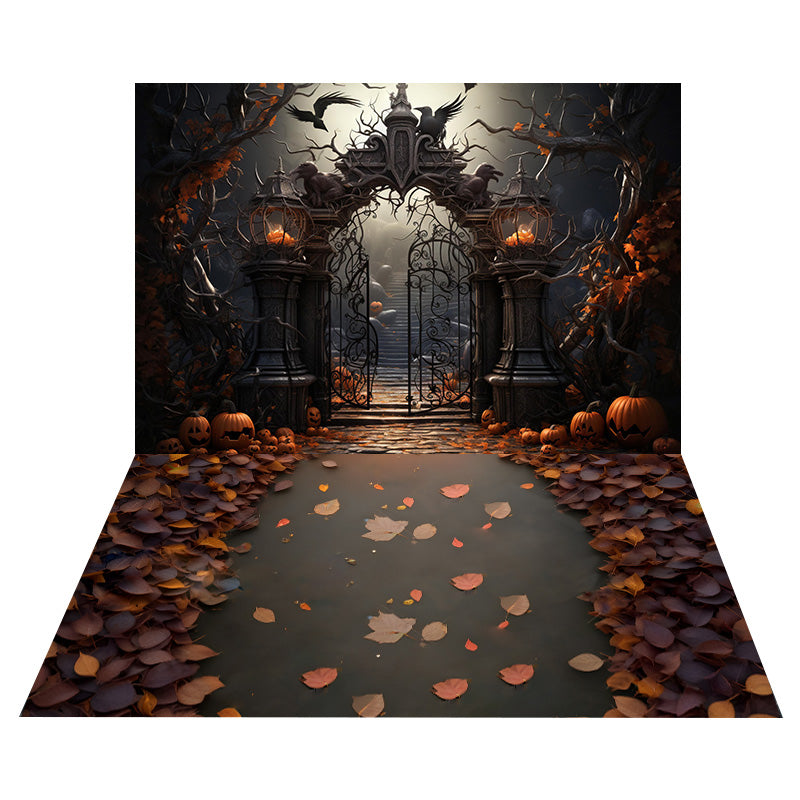 Halloween Cemetery Gate Backdrop+Maple Leaves Floor Backdrop RR8-545