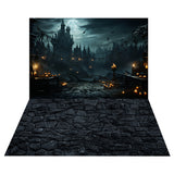 Halloween Spooky Castle Backdrop+Black Stone Floor BackdropRR8-546