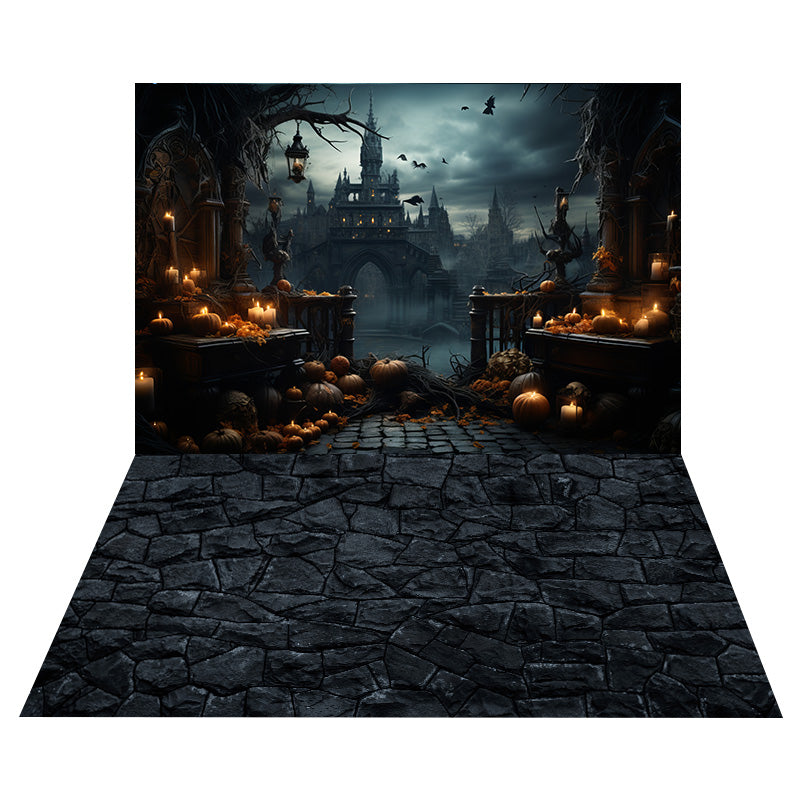 Halloween Haunted House Backdrop+Stone Trail Floor Backdrop RR8-547