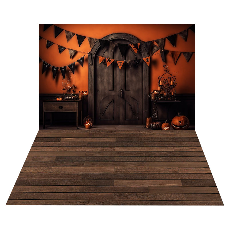 Halloween Door Red Wall Backdrop+Retro Wood Floor Backdrop RR8-548