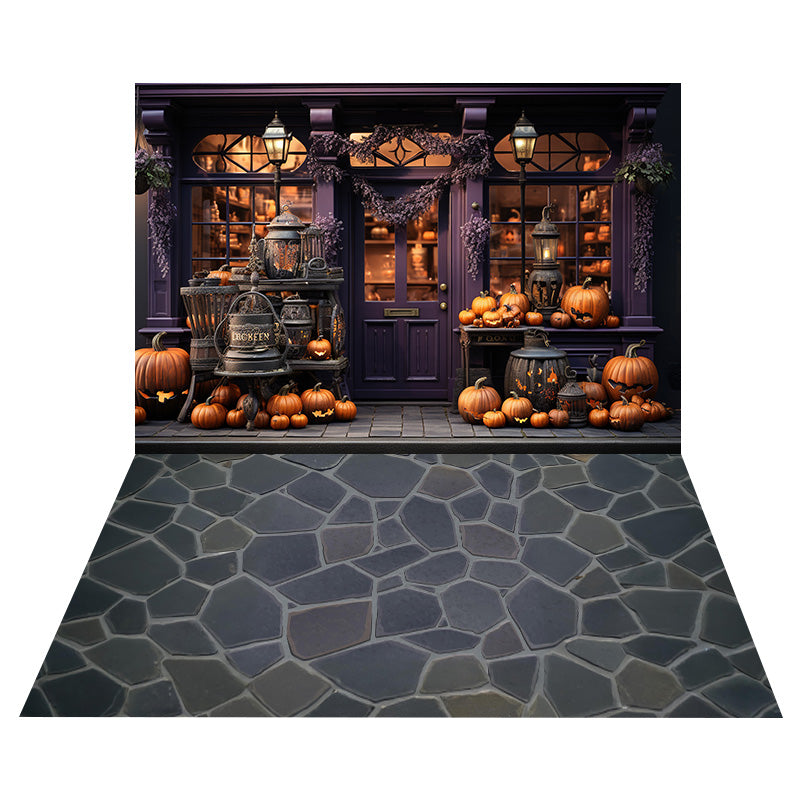 Halloween Store Window Backdrop+Stone Trail Floor Backdrop RR8-550