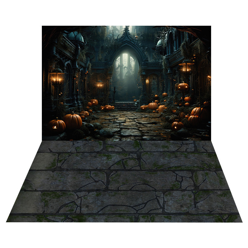 Halloween Spooky Gate Backdrop+Cracked Brick Floor Backdrop RR8-551