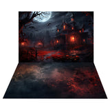 Halloween Red Light House Backdrop+Mottled Cement Floor Backdrop RR8-555