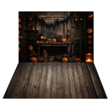 Halloween Pumpkin Candle Wall Backdrop+Brown Wood Floor Backdrop RR8-559