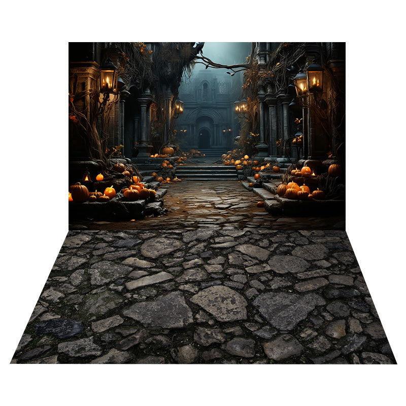 Halloween Haunted Mansion Backdrop+Irregular Stone Floor Backdrop RR8-560