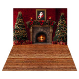 Christmas Tree Fireplace Backdrop+Classic Wood Floor Backdrop RR8-563