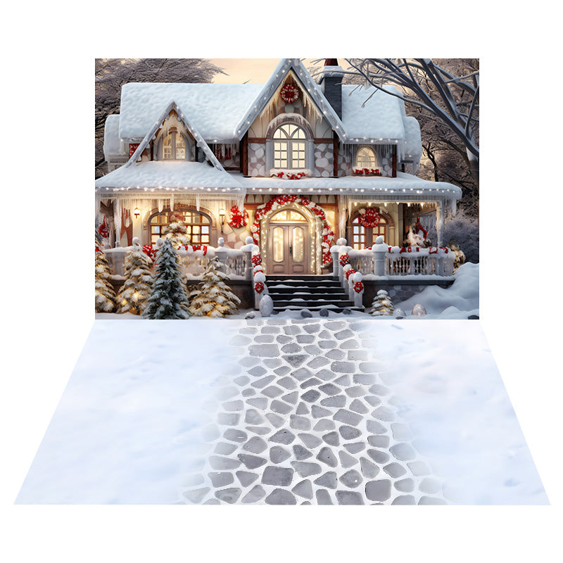 Christmas Decorated House Backdrop+Snowy Stone Floor Backdrop RR8-566