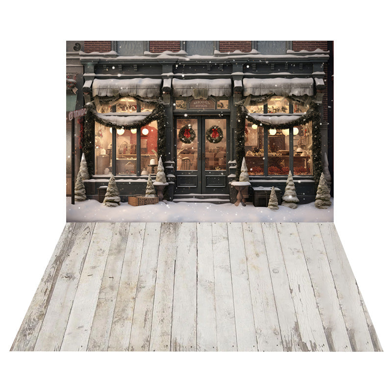 Christmas Snowy Store Backdrop+Retro Wood Floor Backdrop RR8-567