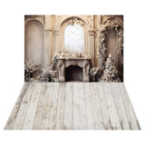 Christmas Fireplace Retro Wall Backdrop+Wood Floor Backdrop RR8-568