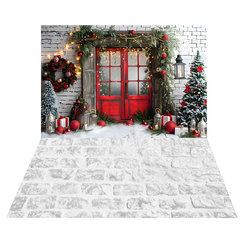 Christmas Door Brick Wall Backdrop+Snow Stone Floor Backdrop RR8-570