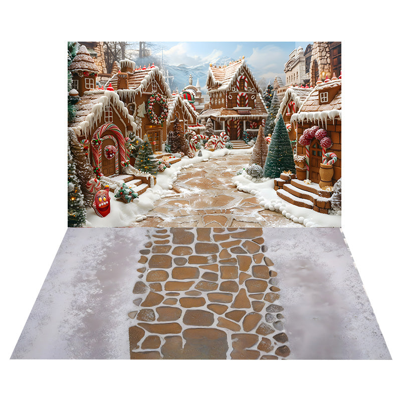 Christmas Gingerbread House Street Backdrop+Stone Floor Backdrop RR8-573