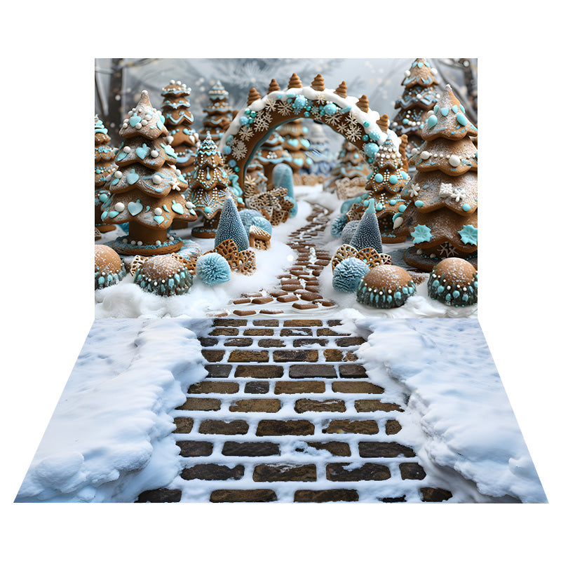 Christmas Gingerbread Wonderland Backdrop+Snowy Floor Backdrop RR8-574