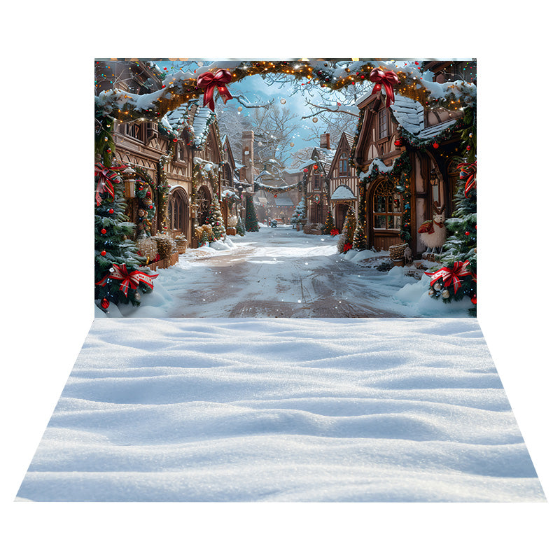 Christmas Winter Street House Backdrop+White Snow Floor Backdrop RR8-578