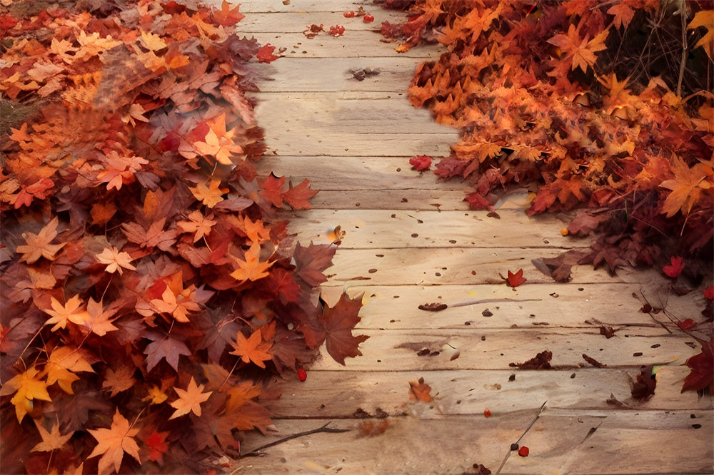 Red Maple Leaves on Wood Floor Backdrop RR8-587