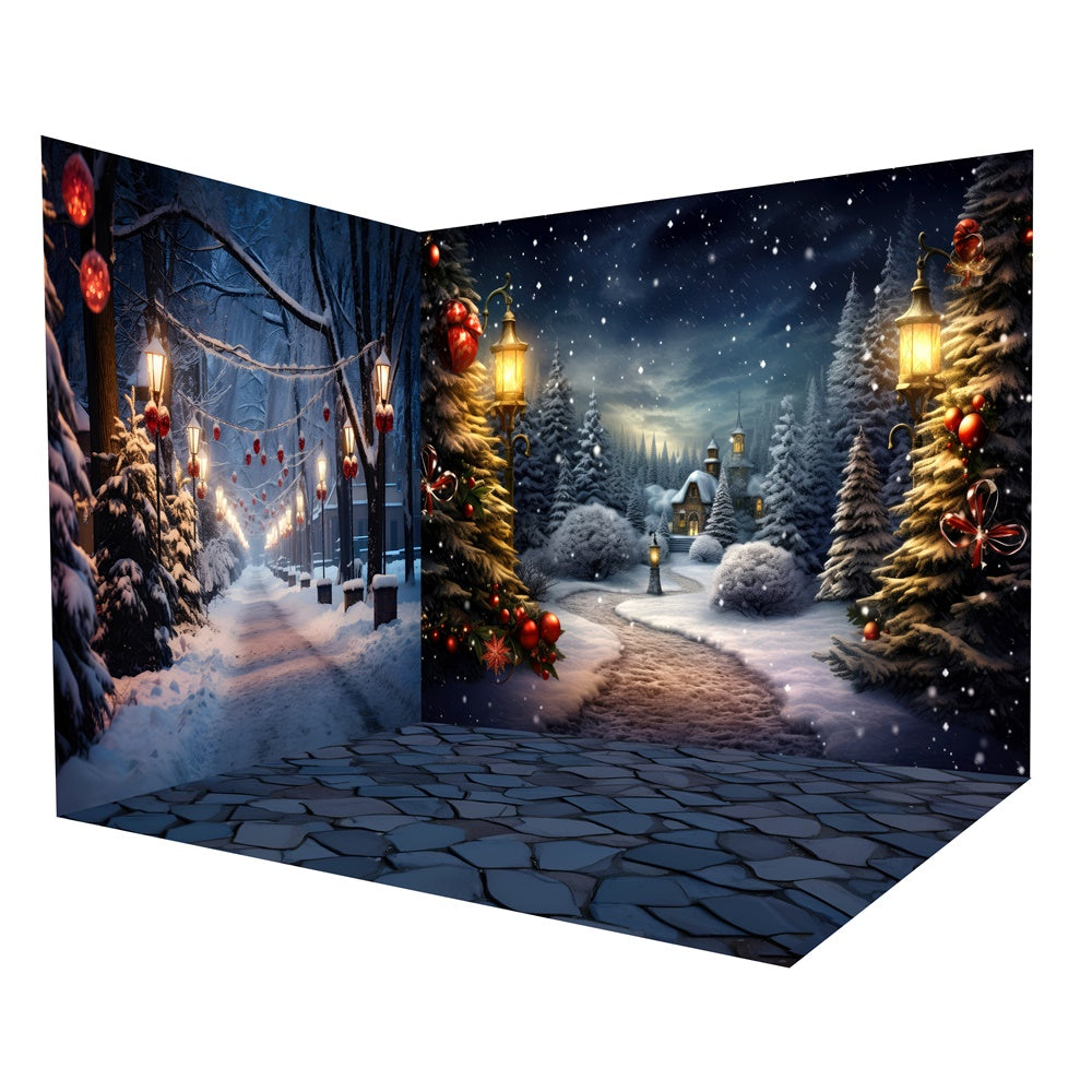 Christmas Snow Covered Trees Street Backdrop Room Set RR8-618