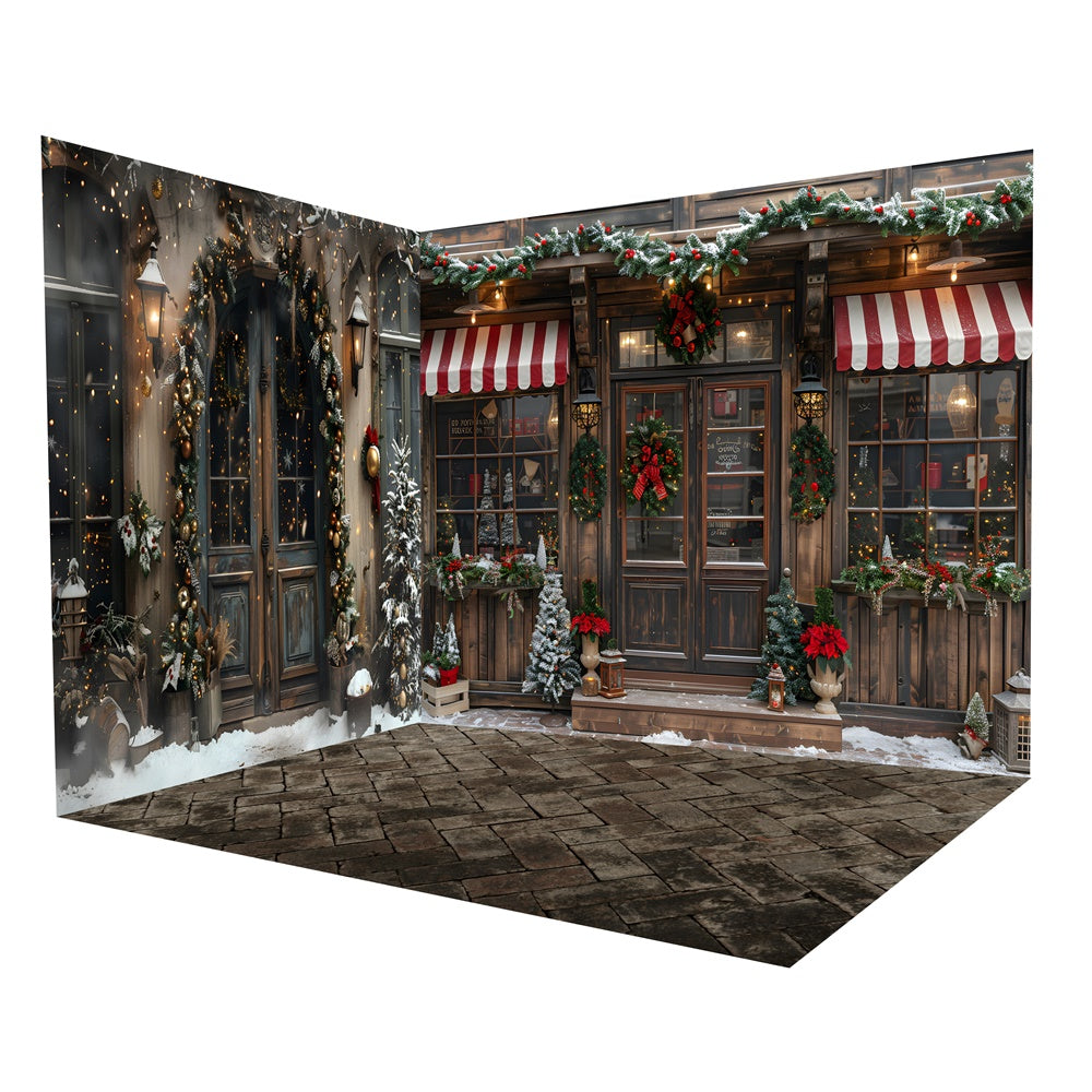 Christmas Shop Front Door Garland Snow Backdrop Room Set RR8-620