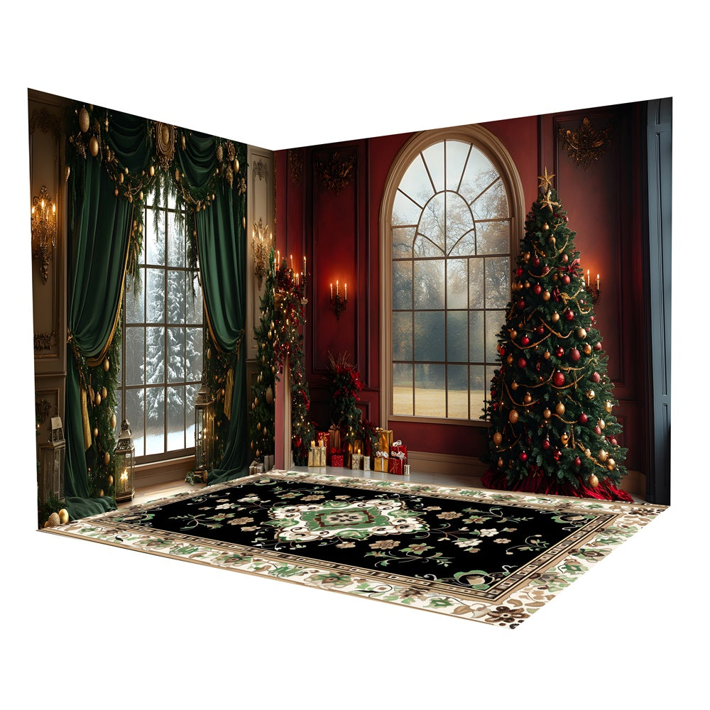 Christmas Tree Garland Window Curtain Backdrop Room Set RR8-625