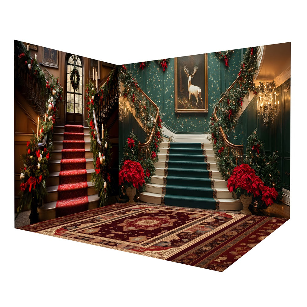 Christmas Retro Room Stairs Burgundy Carpet Backdrop Room Set RR8-626