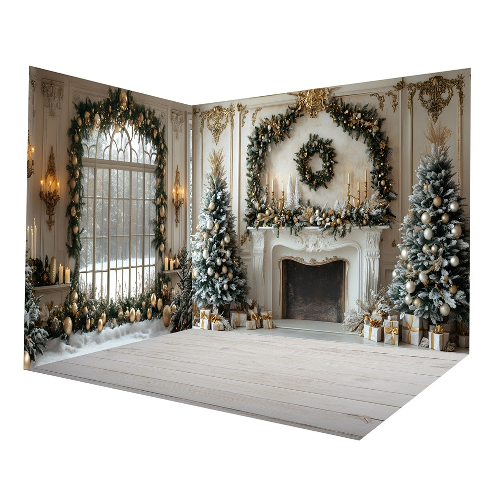 Christmas Retro Wall Fireplace Wreath Window Backdrop Room Set RR8-627