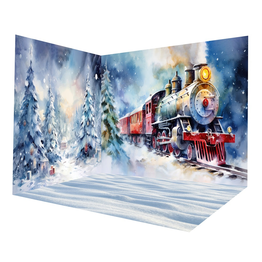 Winter Christmas Snowy Forest Train Backdrop Room Set RR8-629