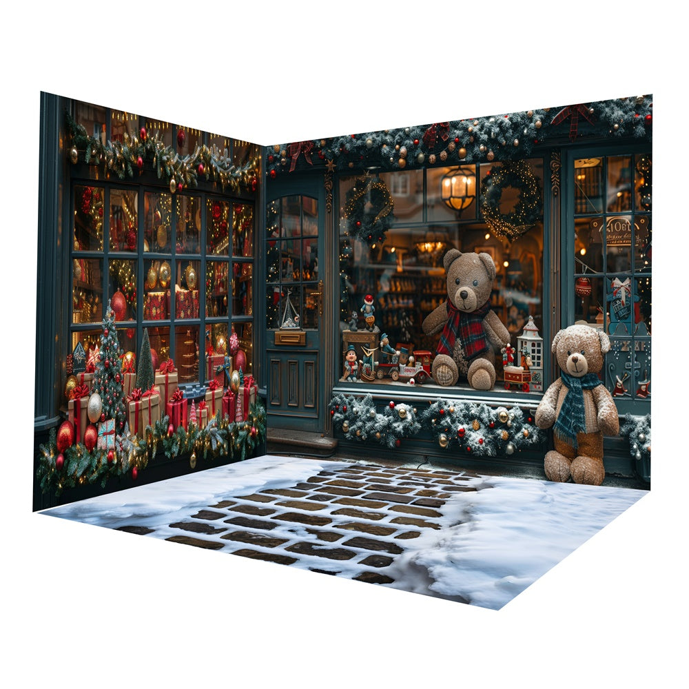 Christmas Gift Store Toy Bear Shop Snow Backdrop Room Set RR8-632