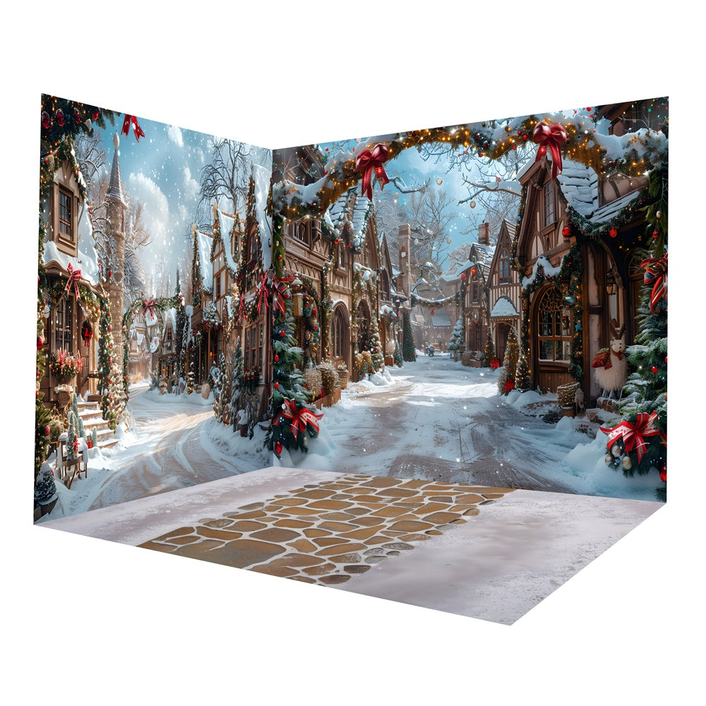 Christmas Snowy Street House Garland Backdrop Room Set RR8-633