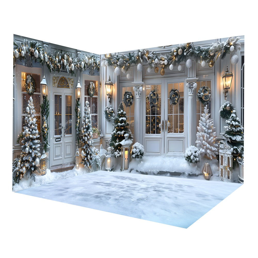 Christmas Snow Tree Decorated Front Door Backdrop Room Set RR8-634