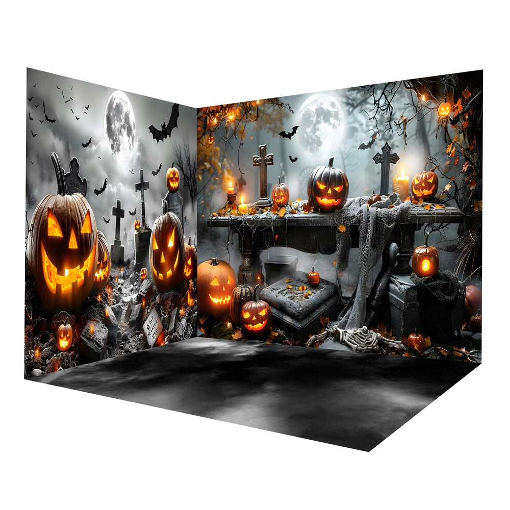 Halloween Full Moon Glowing Evil Pumpkin Backdrop Room Set RR8-655