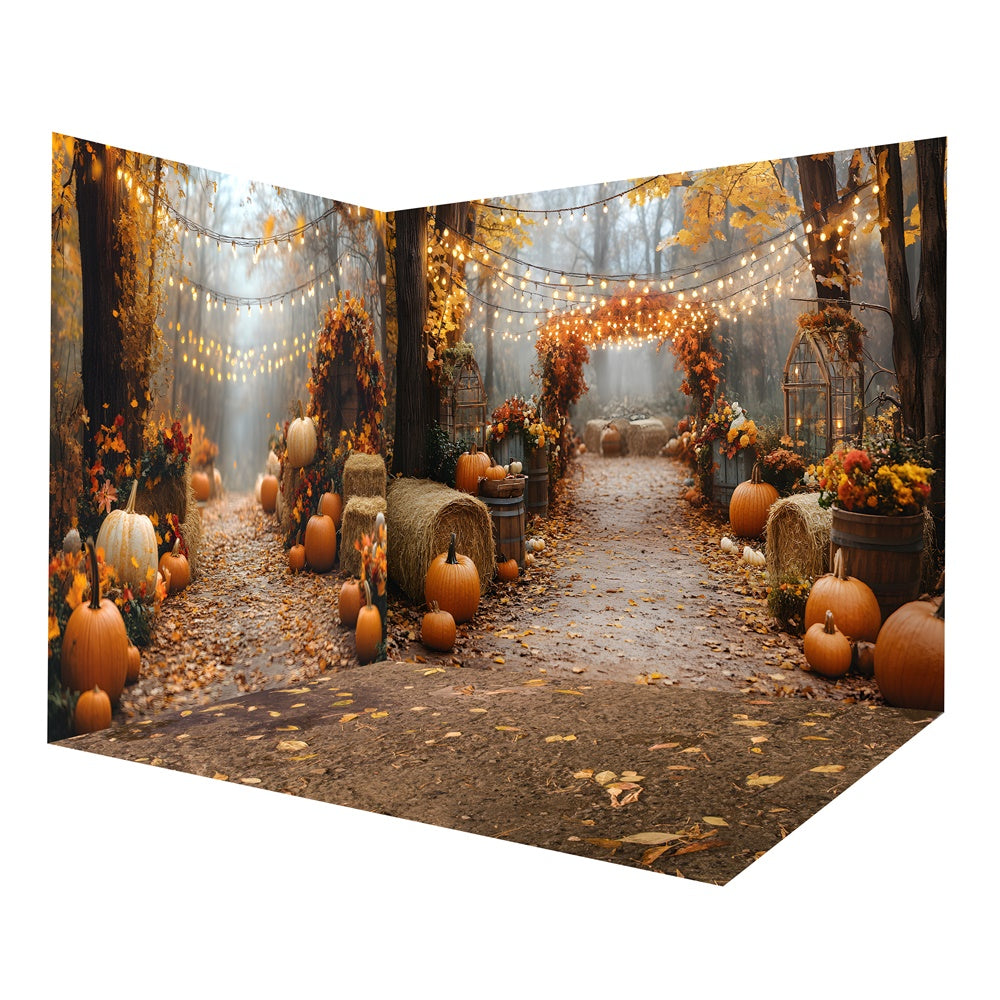 Autumn Forest Trail Pumpkin String Light Backdrop Room Set RR8-657