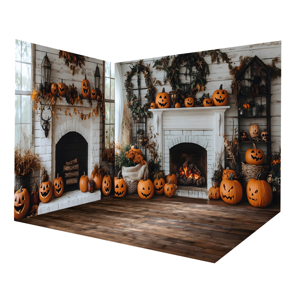 Autumn Curved Pumpkin White Fireplace Backdrop Room Set RR8-659