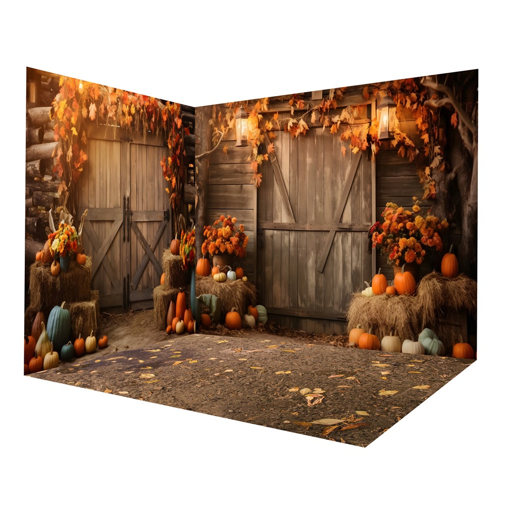 Fall Wood Barn Door Haystack Leaves Backdrop Room Set RR8-662