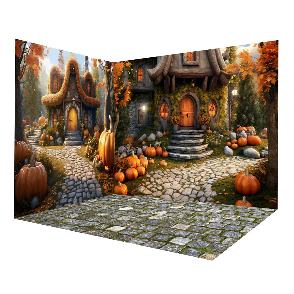 Autumn Pumpkin House Stone Trail Backdrop Room Set RR8-664