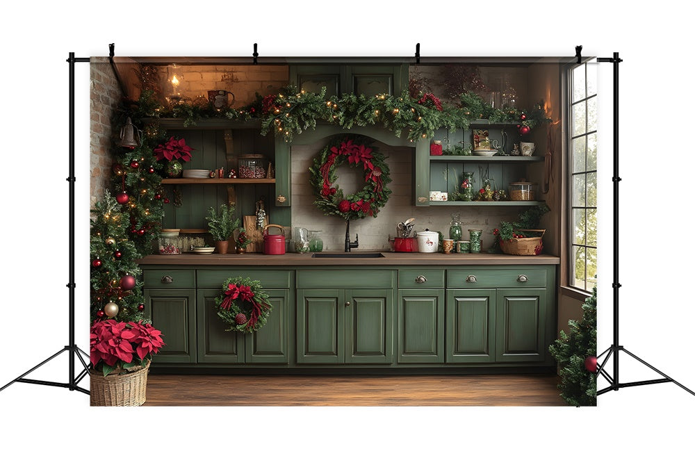 Christmas Green Kitchen Photography Backdrop RR8-73