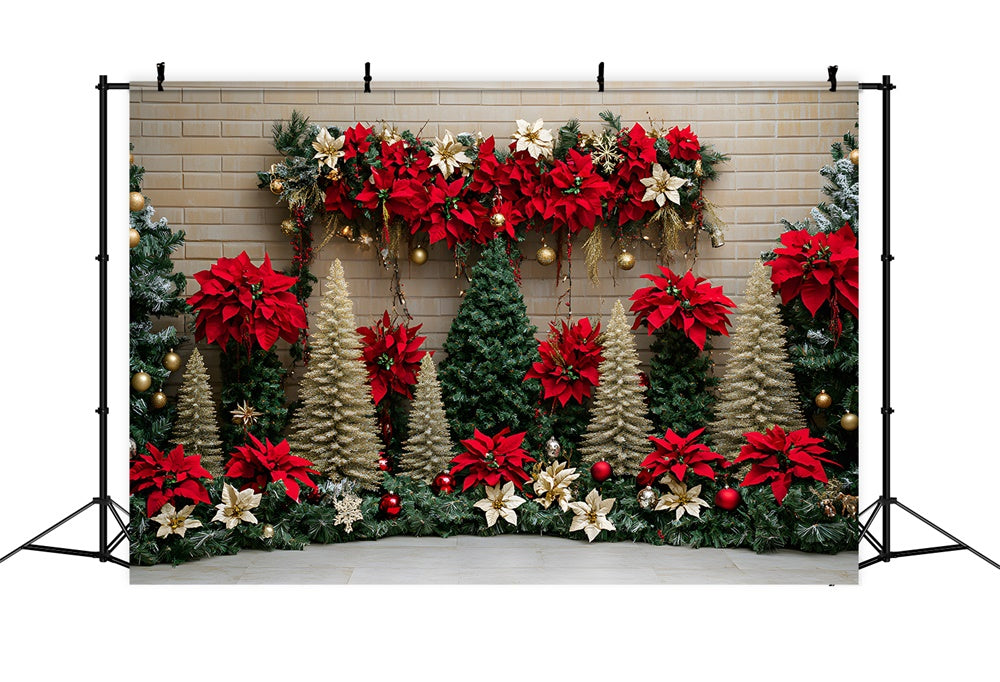 Christmas Trees Poinsettia Flowers Backdrop RR8-77