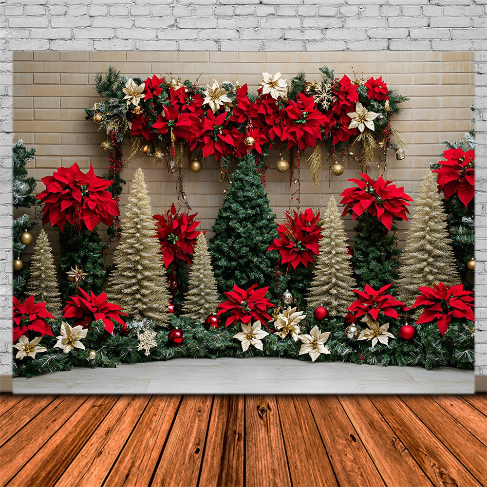 Christmas Trees Poinsettia Flowers Backdrop RR8-77