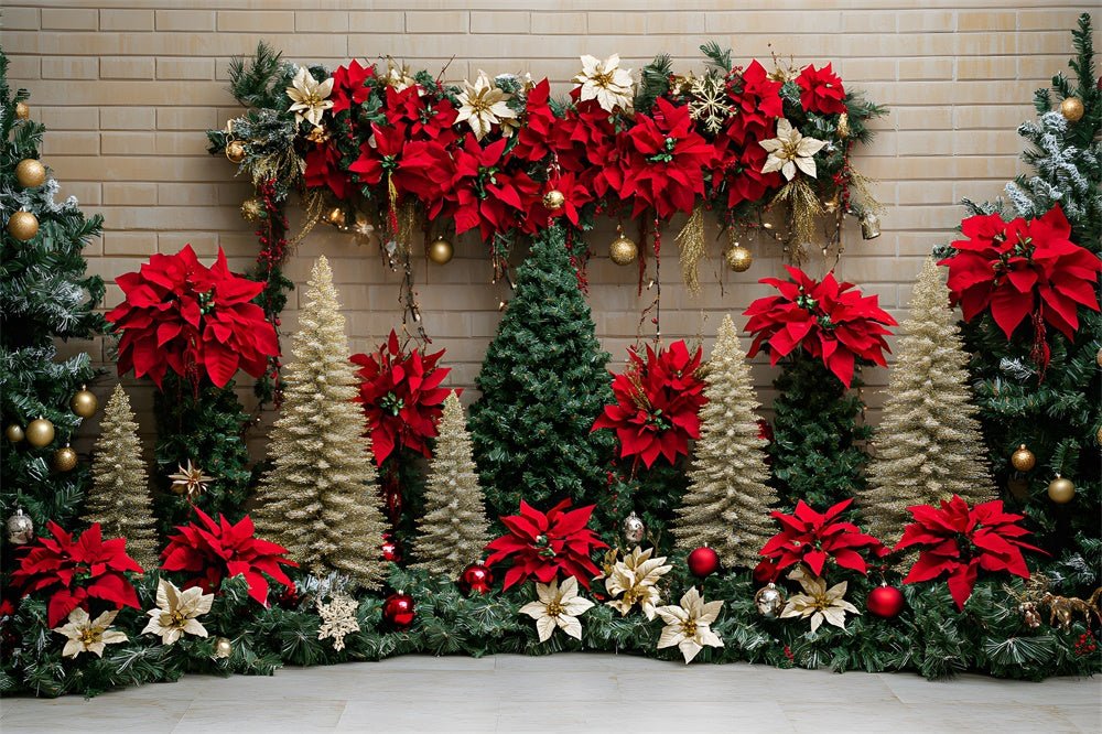 Christmas Trees Poinsettia Flowers Backdrop RR8-77