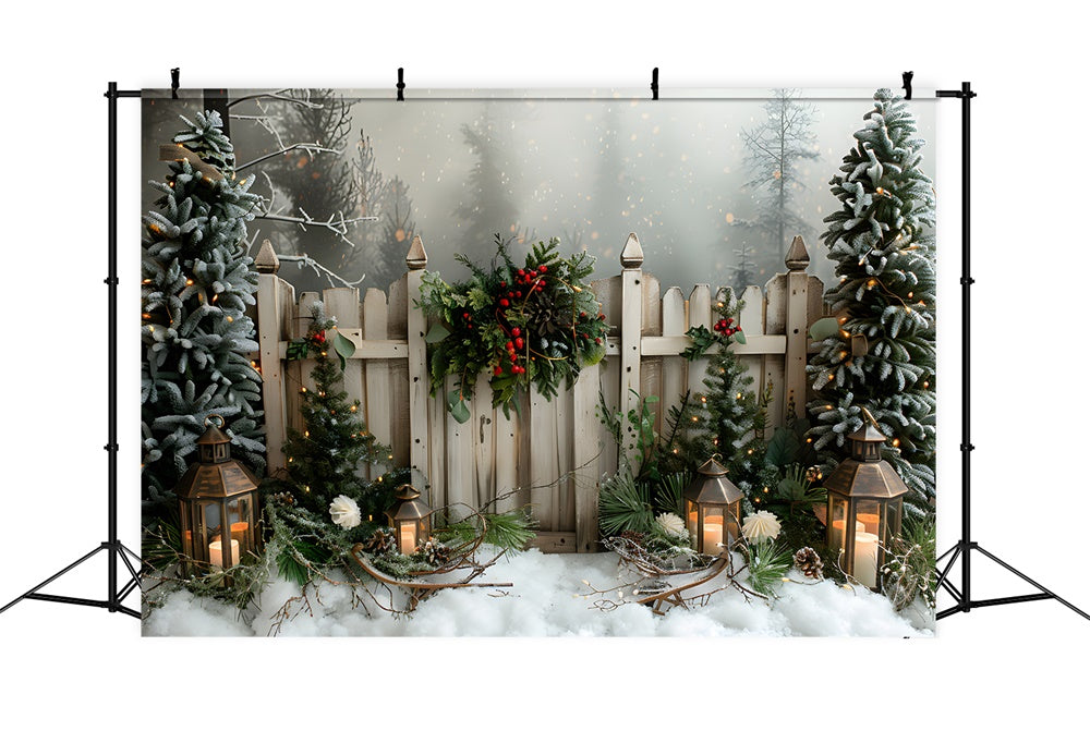 Winter Snow Christmas Trees Fence Backdrop RR8-8