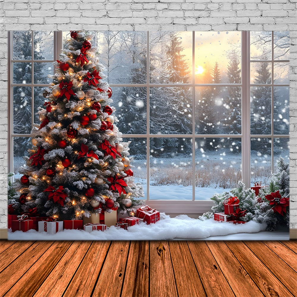 Christmas Tree Window Snow Forest Backdrop RR8-82