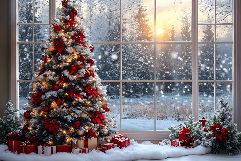 Christmas Tree Window Snow Forest Backdrop RR8-82