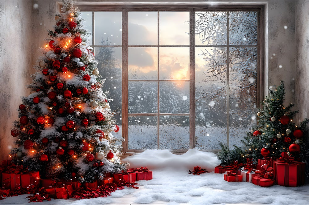 Christmas Window View Snowy Trees Backdrop RR8-83