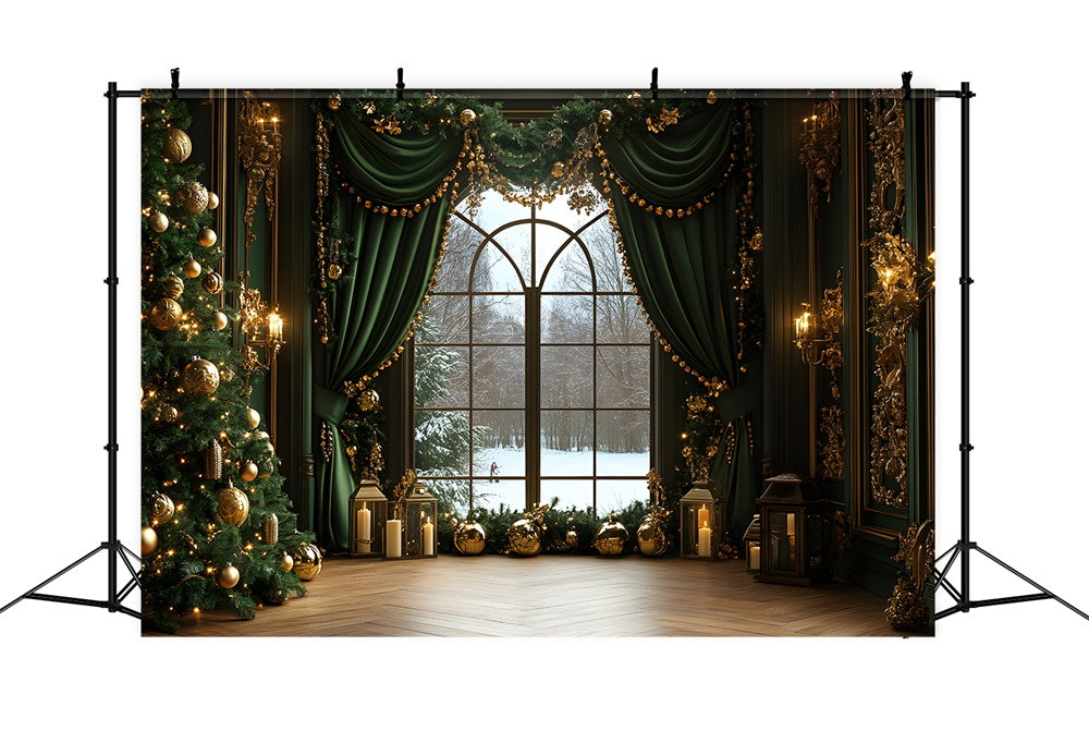 Christmas Window View Green Curtain Backdrop RR8-86