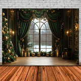 Christmas Window View Green Curtain Backdrop RR8-86