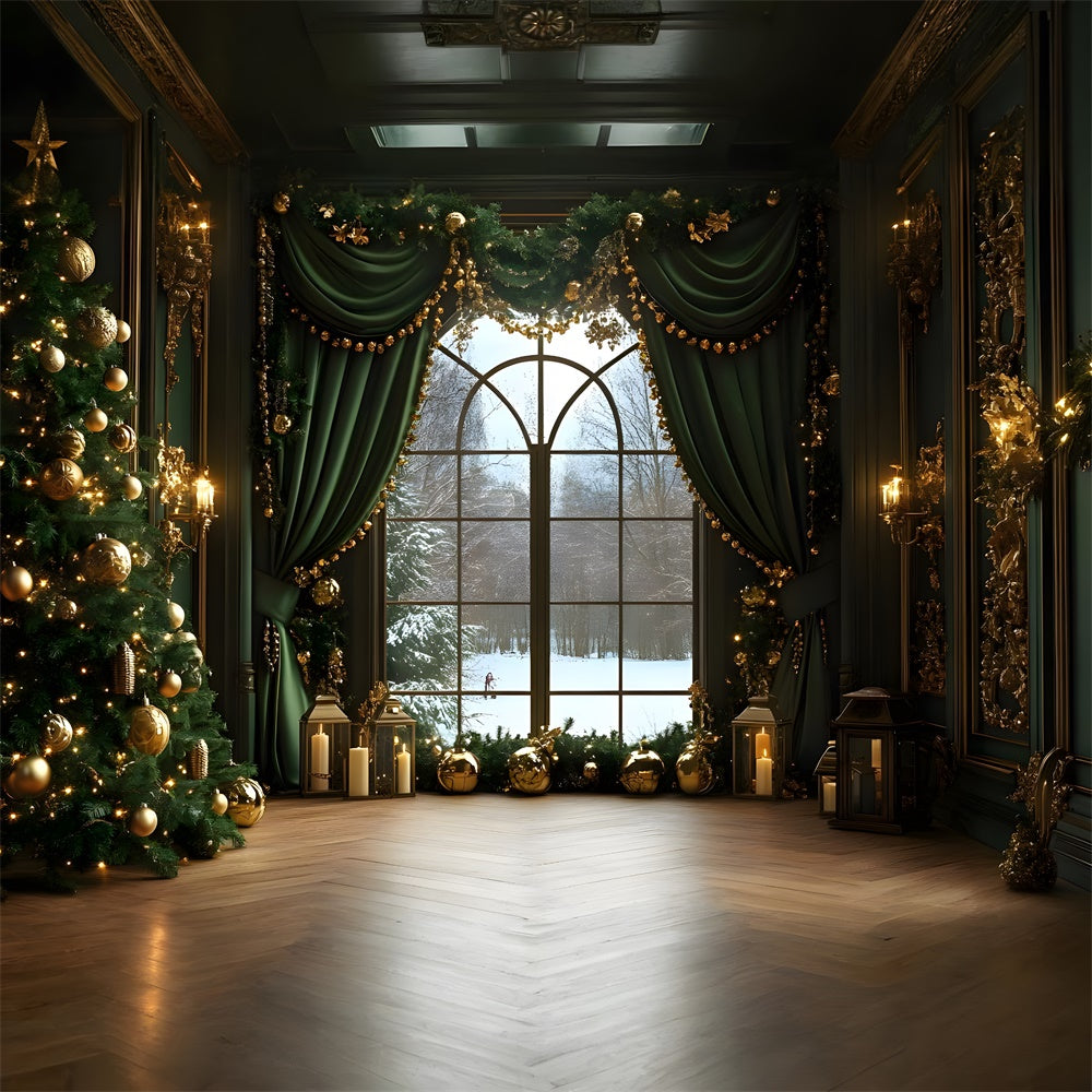 Christmas Window View Green Curtain Backdrop RR8-86