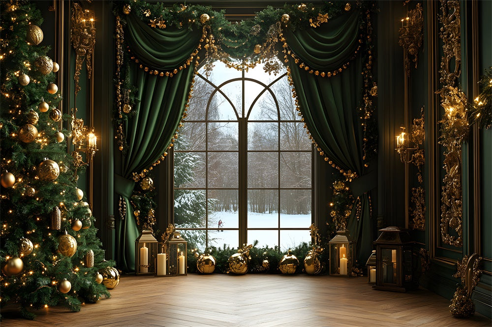 Christmas Window View Green Curtain Backdrop RR8-86