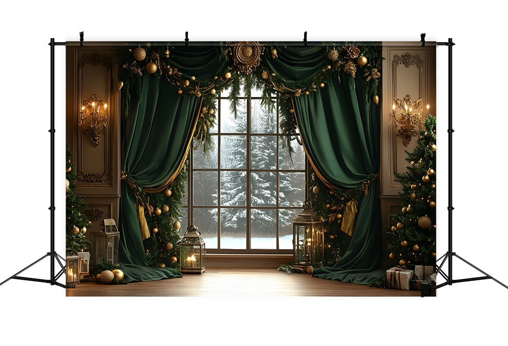 Christmas Garland Window Snow Trees Backdrop RR8-87