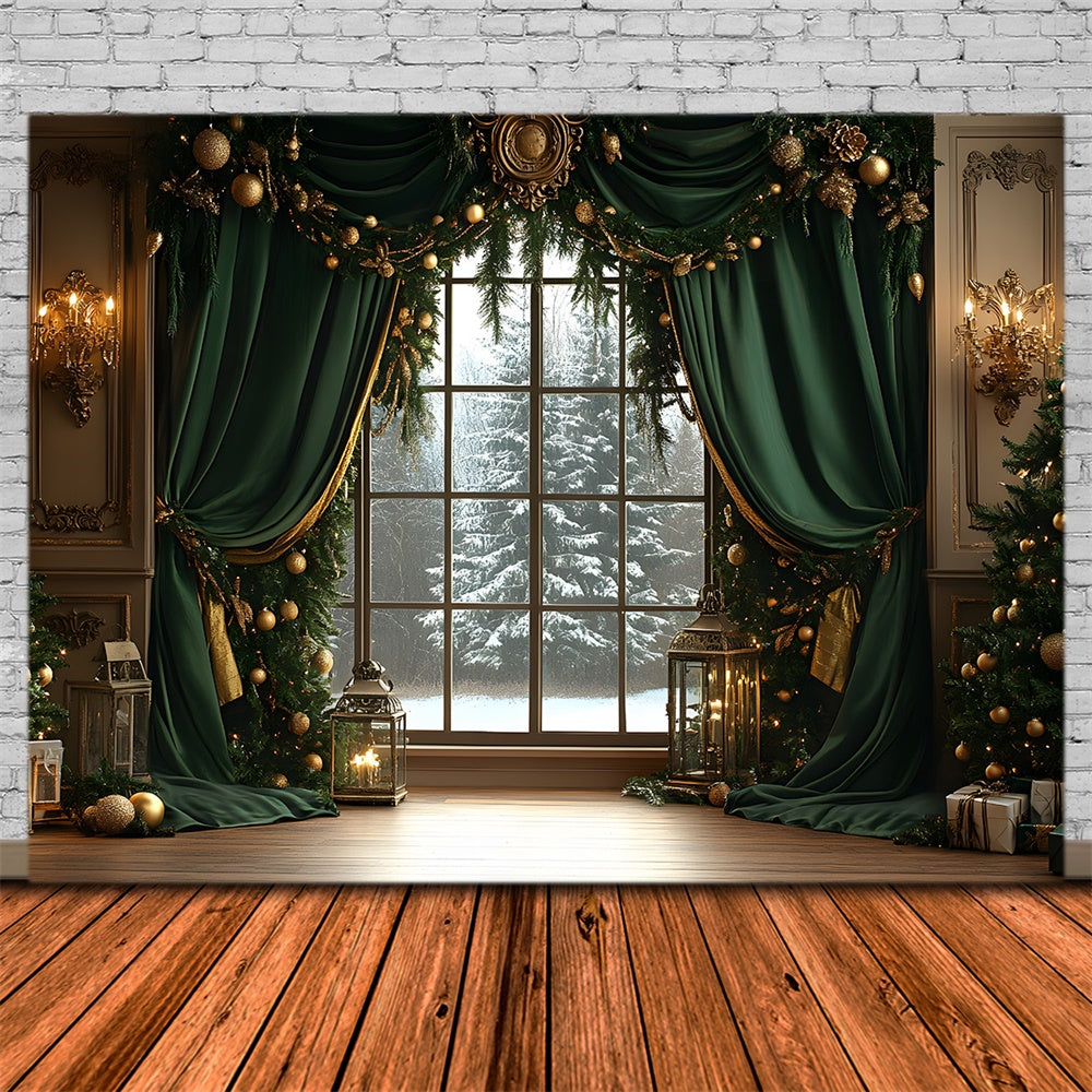 Christmas Garland Window Snow Trees Backdrop RR8-87