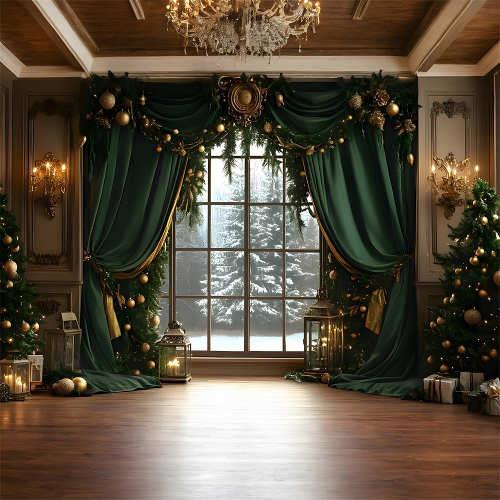 Christmas Garland Window Snow Trees Backdrop RR8-87